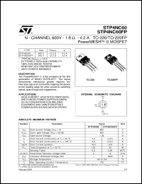 STP4NC60 datasheet: N-CHANNEL 600V - 1.8 OHM - 4.2A TO-220/TO-220FP POWERMESH MOSFET STP4NC60