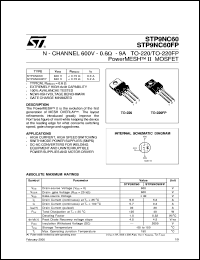 STP9NC60FP datasheet: N-CHANNEL 600V - 0.6 OHM - 9A - TO-220/TO-220FP POWERMESH II MOSFET STP9NC60FP