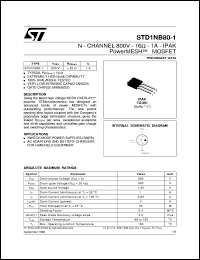 STD1NB80-1 datasheet: N-CHANNEL 800V - 16 OHM - 1A - IPAK POWERMESH MOSFET STD1NB80-1