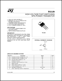 BUL89 datasheet: HIGH VOLTAGE FAST-SWITCHING NPN POWER TRANSISTOR BUL89