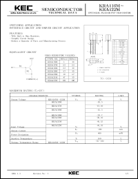 KRA120M datasheet: PNP transistor for switching applications, interface circuit and driver circuit applications. With buit-in bias resistors (10 and 4.7 kOm) KRA120M