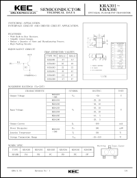 KRA305 datasheet: PNP transistor for switching applications, interface circuit and driver circuit applications. With buit-in bias resistors (2.2 and 47 kOm) KRA305