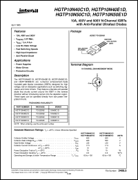 HGTP10N40E1D datasheet: 10A, 400V and 500V N-Channel IGBTs with Anti-Parallel Ultrafast Diodes HGTP10N40E1D