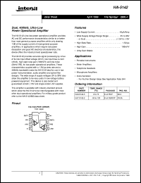 HA-5142 datasheet: Dual, 400kHz, Ultra-Low Power Operational Amplifier HA-5142