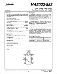 HA5022/883 datasheet: Dual 100MHz Video Current Feedback Amplifier with Disable HA5022/883