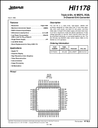 HI1178 datasheet: Triple 8-Bit, 40 MSPS, RGB,  3-Channel D/A Converter HI1178