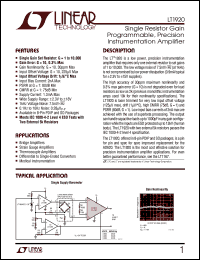 LT1920 datasheet: Single Resistor Gain Programmable, Precision Instrumentation Amplifier LT1920