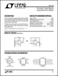 RH118 datasheet: Precision, High Speed Operational Amplifier RH118