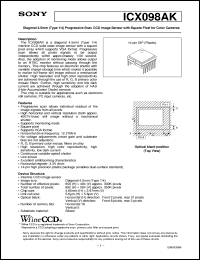 ICX098AK datasheet: Diagonal 4.5mm(Type 1/4)Progressive Scan CCD ImageSensor with Square Pixel for Color Cameras ICX098AK