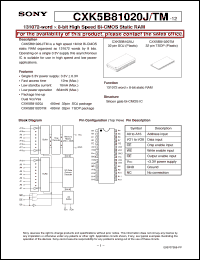 CXK5B81020J datasheet: 131072-word x 8-bit High Speed Bi-CMOS Static RAM CXK5B81020J