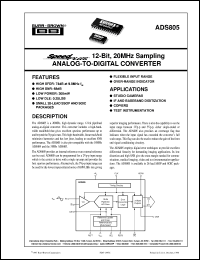 ADS805E/1K datasheet: SpeedPlus 12-Bit, 20MHz Sampling Analog-to-Digital Converter ADS805E/1K