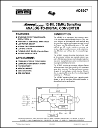 ADS807E datasheet: SpeedPlus 12-Bit, 53MHz Sampling Analog-To-Digital Converter ADS807E