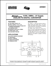 ADS901E/1K datasheet: SpeedPlus 10-Bit, 20MHz, +3V Supply Analog-to-Digital Converter ADS901E/1K