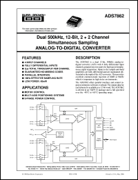 ADS7862Y/250 datasheet: Dual, 500kHz, 12-Bit, 2 + 2 Channel, Simultaneous Sampling Analog-To-Digital Converter ADS7862Y/250