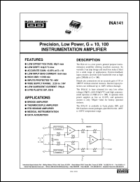 INA141U datasheet: Precision, Low Power, G=10, 100 Instrumentation Amplifier INA141U