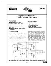 OPA541SM datasheet: High Power Monolithic Operational Amplifier OPA541SM