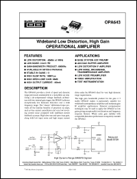 OPA643N/250 datasheet: Wideband Low Distortion, High Gain Operational Amplifier OPA643N/250