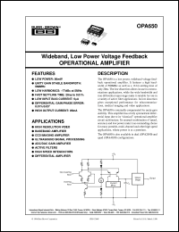 OPA650U datasheet: Wideband, Low Power Voltage Feedback Operational Amplifier OPA650U