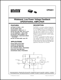 OPA651U datasheet: Wideband, Low Power Voltage Feedback Operational Amplifier OPA651U