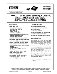 PCM1601Y/1K datasheet: SoundPlus 24-Bit, 96kHz Sampling, 6-Channel, Enhanced Multi-Level, Delta-Sigma Digital-to-Analog Converter PCM1601Y/1K