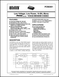 PCM3501E datasheet: Low Voltage, Low Power, 16-Bit, Mono SoundPlus VOICE/MODEM CODEC PCM3501E