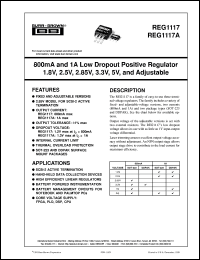 REG1117-3.3 datasheet: 800mA and 1A Low Dropout Positive Regulator 1.8V, 2.5V, 2.85V, 3.3V, 5V, and Adjustable REG1117-3.3