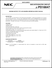 UPD16647N-XXX datasheet: TFT-LCD source driver, 64 gray scale, 402 output UPD16647N-XXX