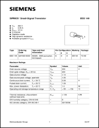 BSS149 datasheet: N-channel SIPMOS small-signal transistor BSS149