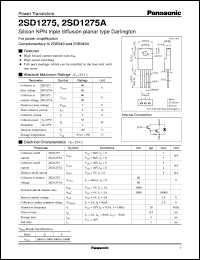 2SD1275 datasheet: Silicon NPN triple diffusion planar type Darlington power transistor 2SD1275