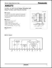 AN5273 datasheet: 4.0W x 2 (18V, 8W) Power Amplifier with Mute Function and Volume Control AN5273