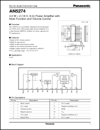AN5274 datasheet: 4.0W x 2 (18V, 8W) Power Amplifier with Mute Function and Volume Control AN5274