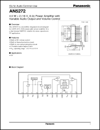 AN5272 datasheet: 4.0W x 2 (18V, 8W) Power Amplifier with Variable Audio Output and Volume Control AN5272