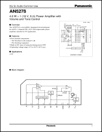 AN5278 datasheet: 4.8W x 1 (18V, 8W) Power Amplifier with Volume and Tone Control AN5278