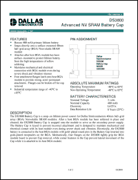 DS3800 datasheet: Advanced NV SRAM Battery Cap DS3800
