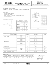 KRC401 datasheet: NPN transistor for switching applications, interface circuit and driver circuit applications. With built-in bias resistors (4.7 and 4.7 kOm). KRC401