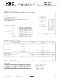 KRC407 datasheet: NPN transistor for switching applications, interface circuit and driver circuit applications. With built-in bias resistors (10 and 47 kOm). KRC407