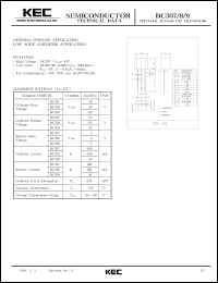 BC309 datasheet: PNP transistor for general purpose applications and low noise amplifier applications BC309