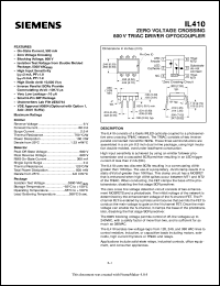 IL410 datasheet: Zero voltage crossing 600V triac driver optocoupler IL410