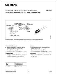 SFH216 datasheet: Silicon PIN photodiode with very short switching time SFH216