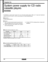 BA3938 datasheet: System power supply for CD radio cassette player BA3938