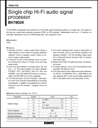 BH7802K datasheet: Single chip Hi-Fi audio signal processor BH7802K