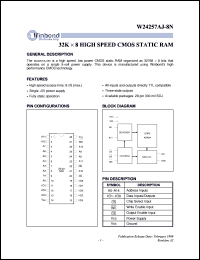 W24257AJ-8N datasheet: 32K * 8 high speed, low power CMOS static RAM W24257AJ-8N
