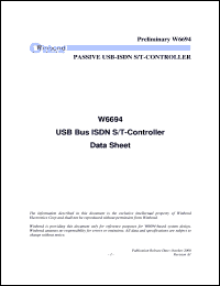 W6694CD datasheet: Single chip USB bus ISDN S/T interface controller W6694CD