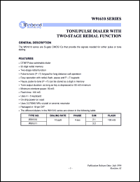 W91610 datasheet: 3-memory tone/pulse dialer with two-stage redial functions W91610