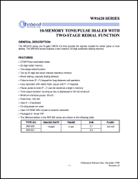 W91620 datasheet: 10-memory tone/pulse dialer with two-stage redial functions W91620