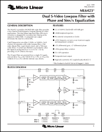 ML6423CS-2 datasheet: Dual S-video low pass filter with phase and sinx/x equalization ML6423CS-2