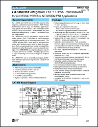LXT360PE datasheet: Integrated T1/E1 LH/SH transceiver for DS1/DSX-1/CSU or NTU/ISDN PRI applications LXT360PE
