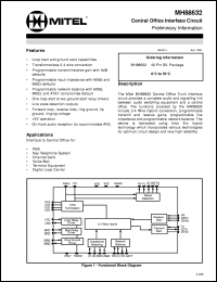 MH88632 datasheet: Central office interface circuit for PBX, key telephone systems, channel bank, voice mail, terminal equipment and digital loop carrier. MH88632