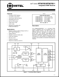 MT8870DE datasheet: Integrated DTMF receiver for British Telecom spec., paging systems, repeater systems/mobile radio, credit card systems, remote control, personal computers and telephone answering machine. MT8870DE
