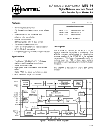 MT9174AE datasheet: Digital network interface circuit with receive sync marker bit. Applications: TDD digital PCS (DECT, CT2, PHS) base stations requiring cell synchronisation; digital subscriber lines; high speed data transmission over twisted wires. MT9174AE
